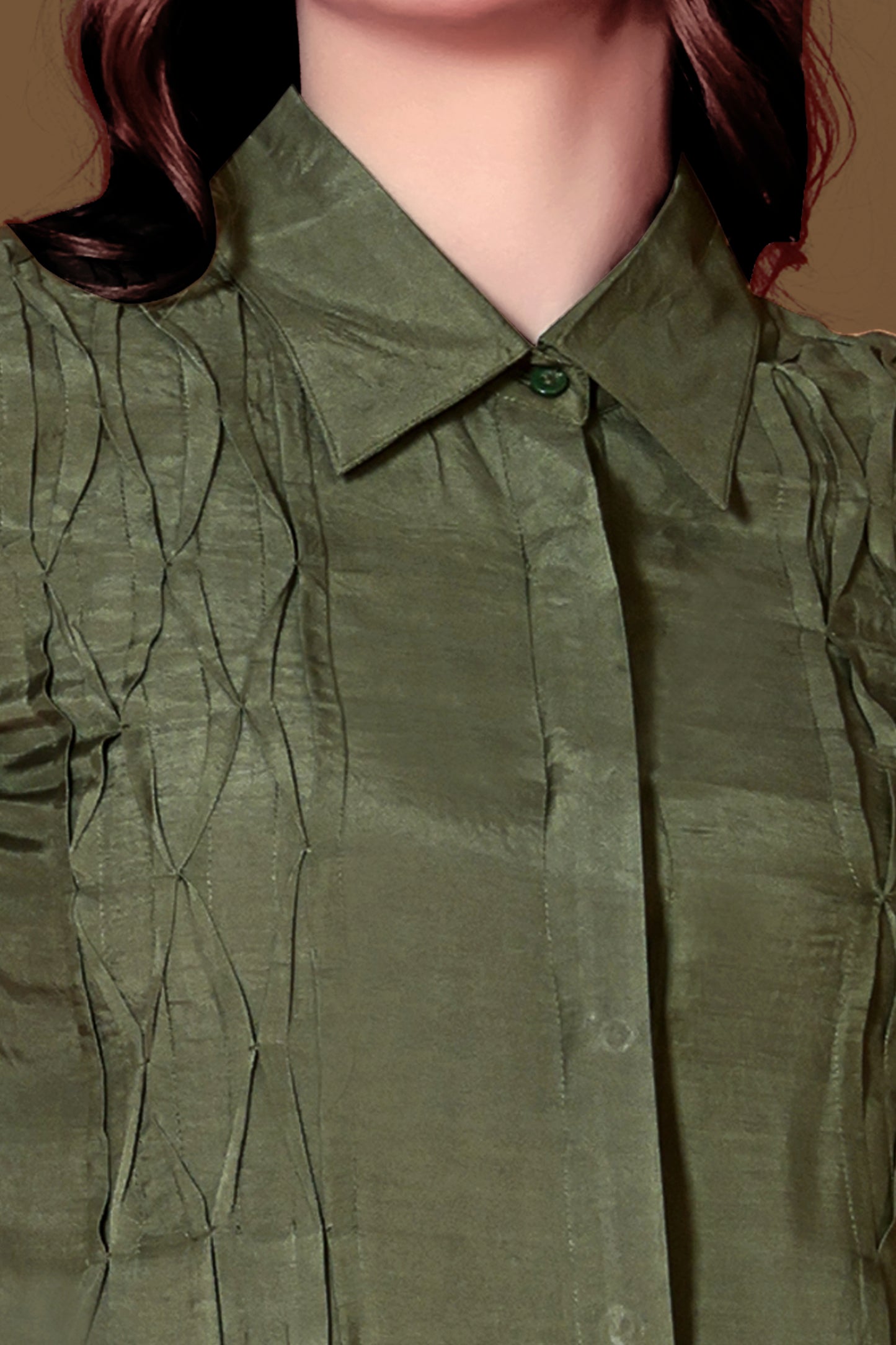 Olive Green Linen Shirt with Intricate Pintuck Design