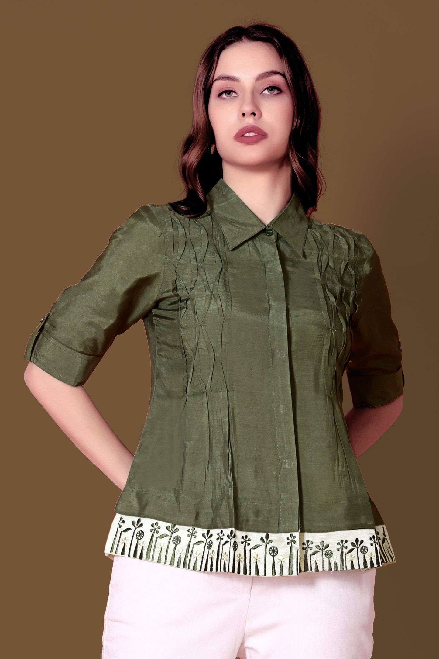 Olive Green Linen Shirt with Intricate Pintuck Design