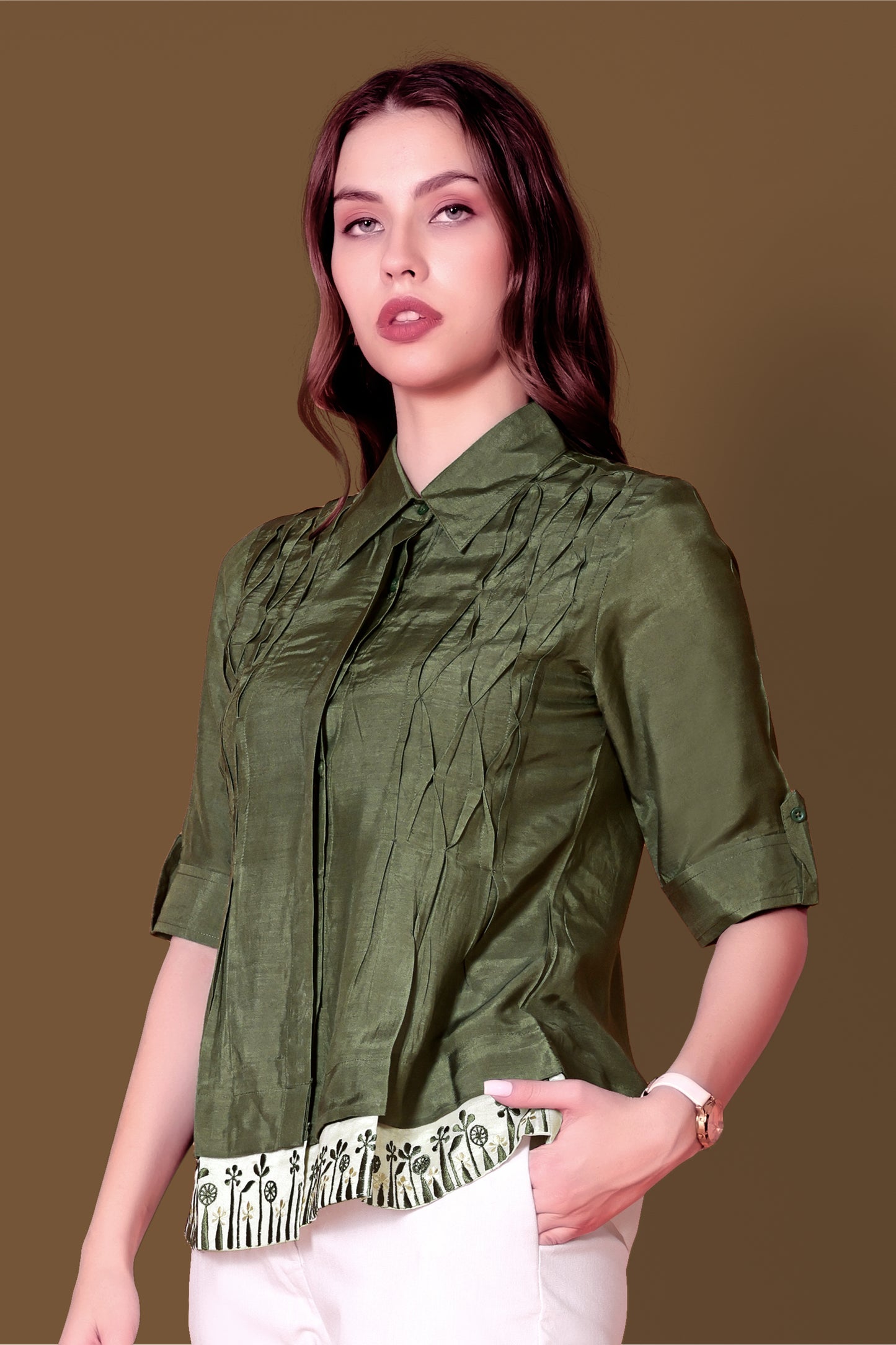Olive Green Linen Shirt with Intricate Pintuck Design