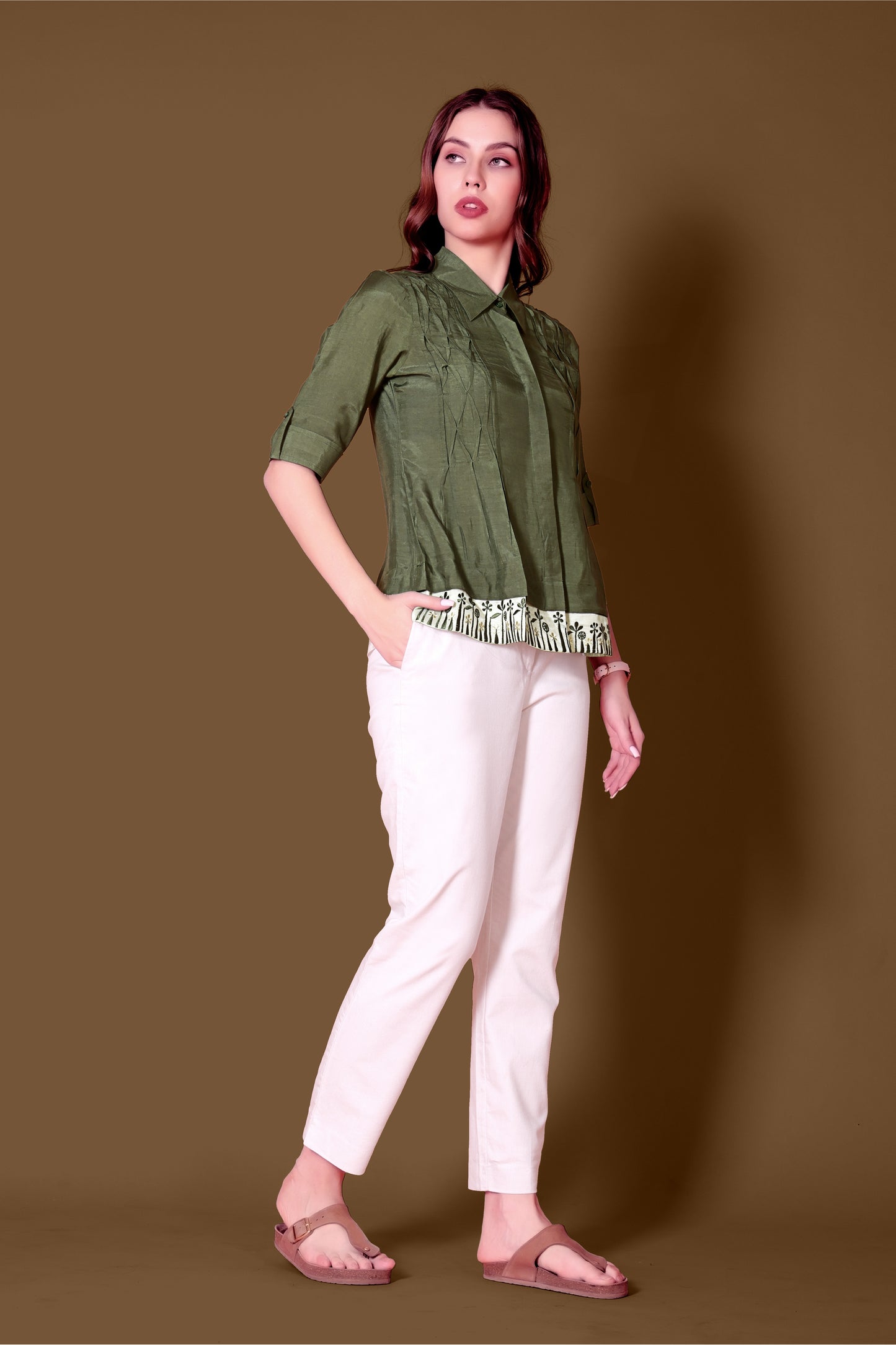 Olive Green Linen Shirt with Intricate Pintuck Design