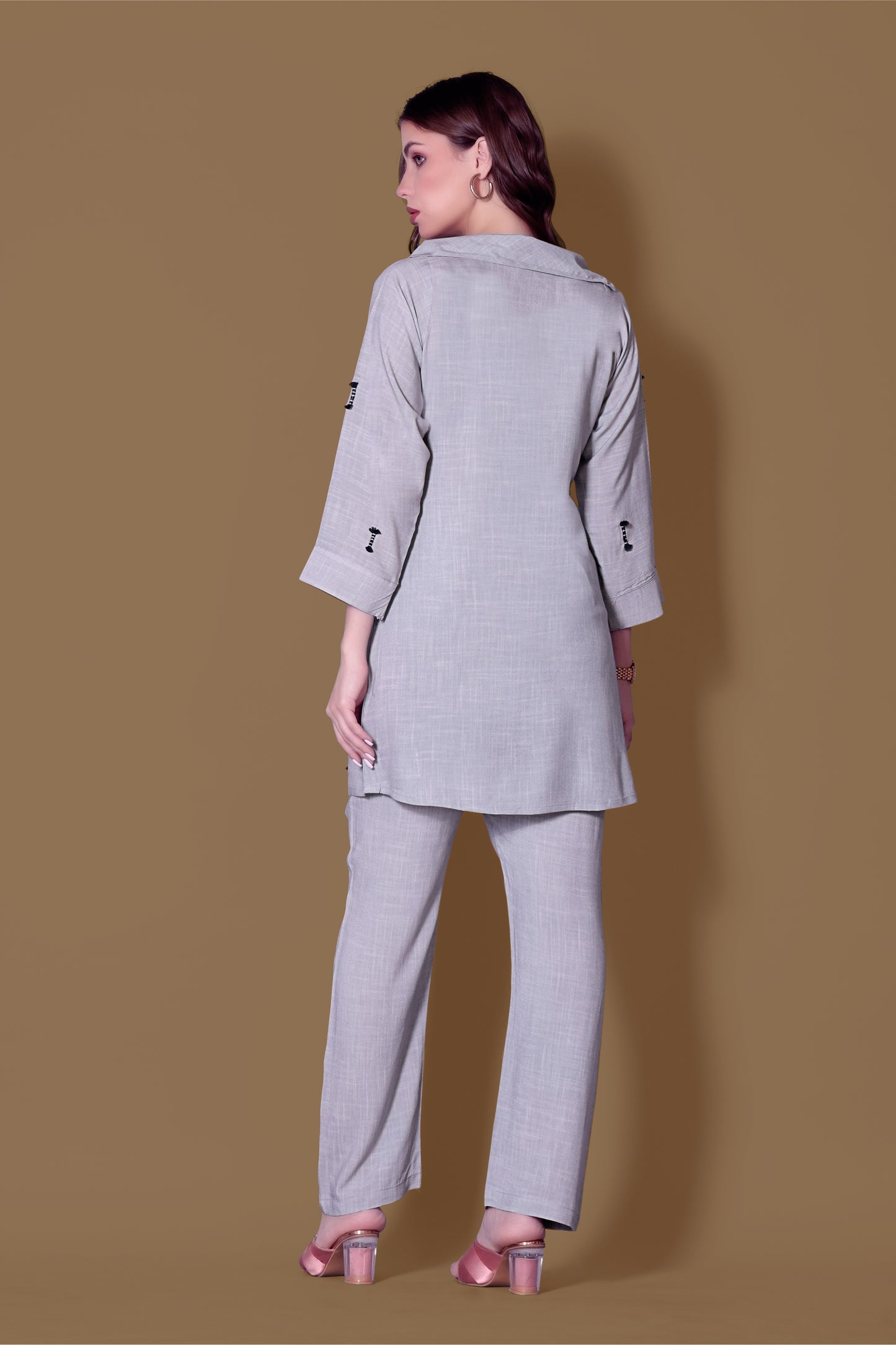 Grey Linen Cord Set with Embroidery & Cowl Neck – Business Women & Airport Wear