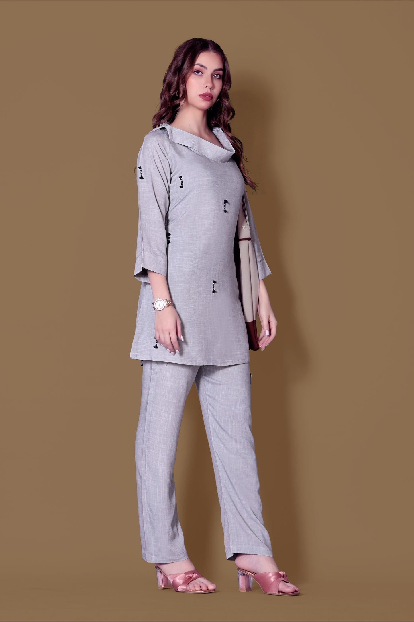 Grey Linen Cord Set with Embroidery & Cowl Neck – Business Women & Airport Wear