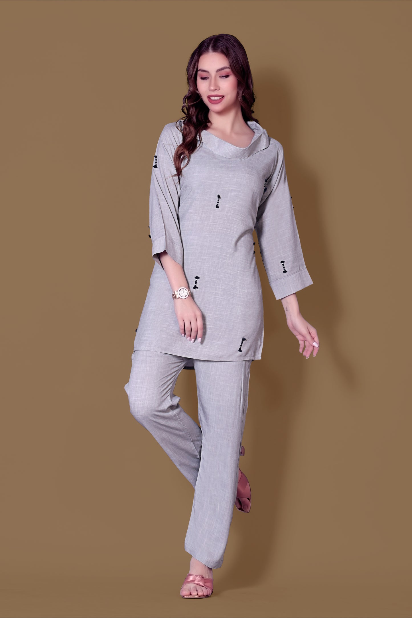 Grey Linen Cord Set with Embroidery & Cowl Neck – Business Women & Airport Wear