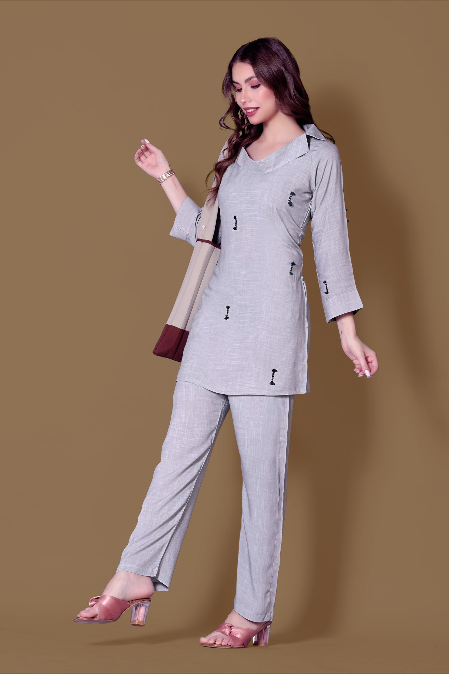 Grey Linen Cord Set with Embroidery & Cowl Neck – Business Women & Airport Wear
