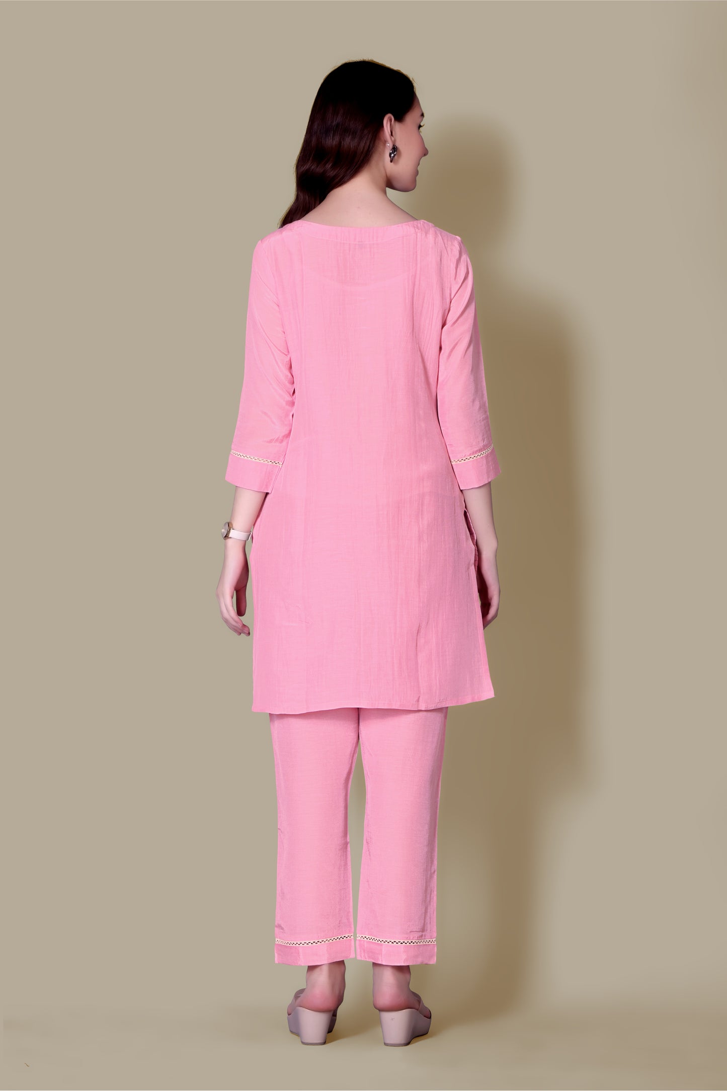 Peach Linen Kurta Set with Hand-Pleated Design – Casual Office Wear