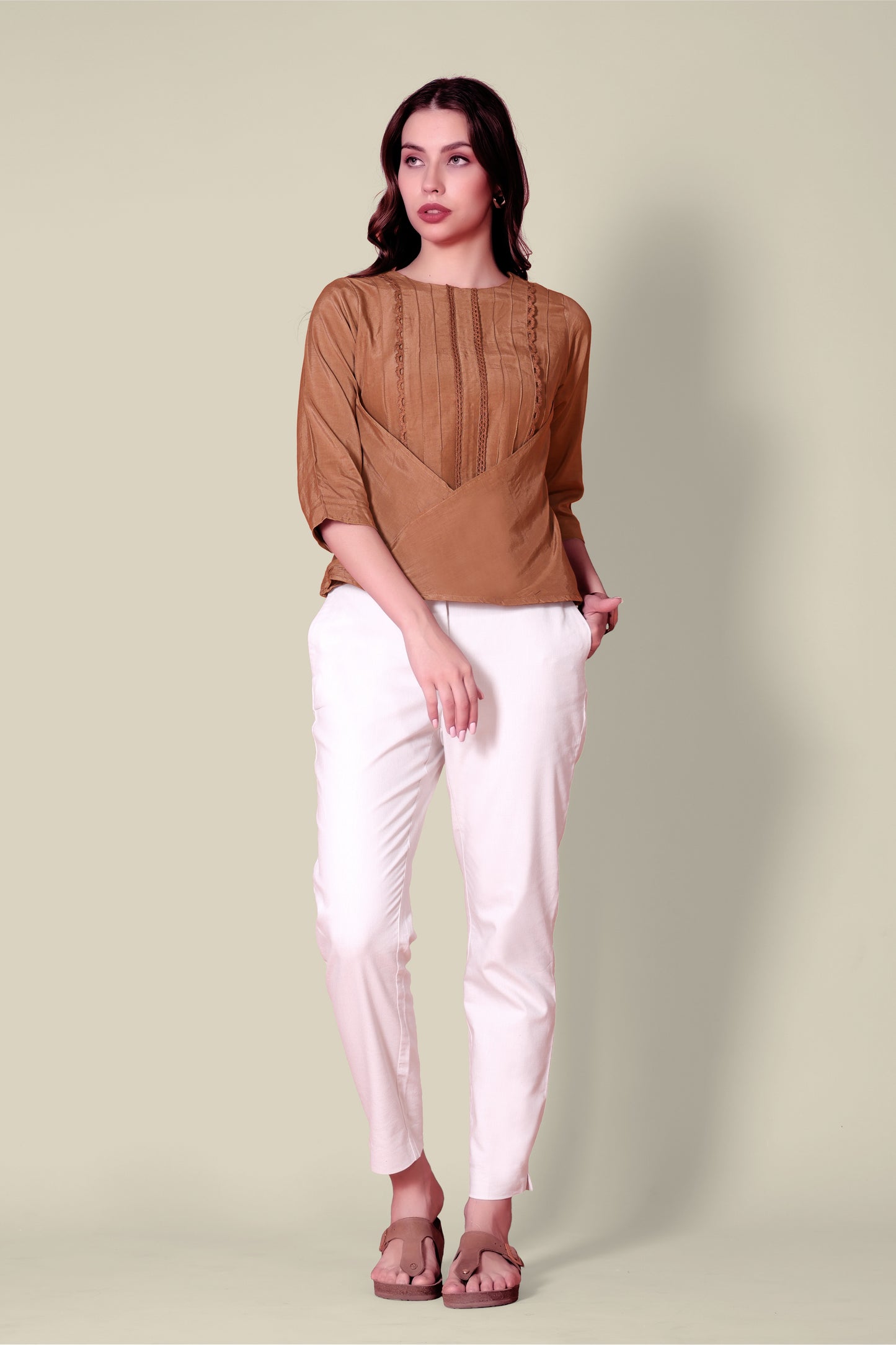 Rust Linen Top with Overlapping Design and Lace Details