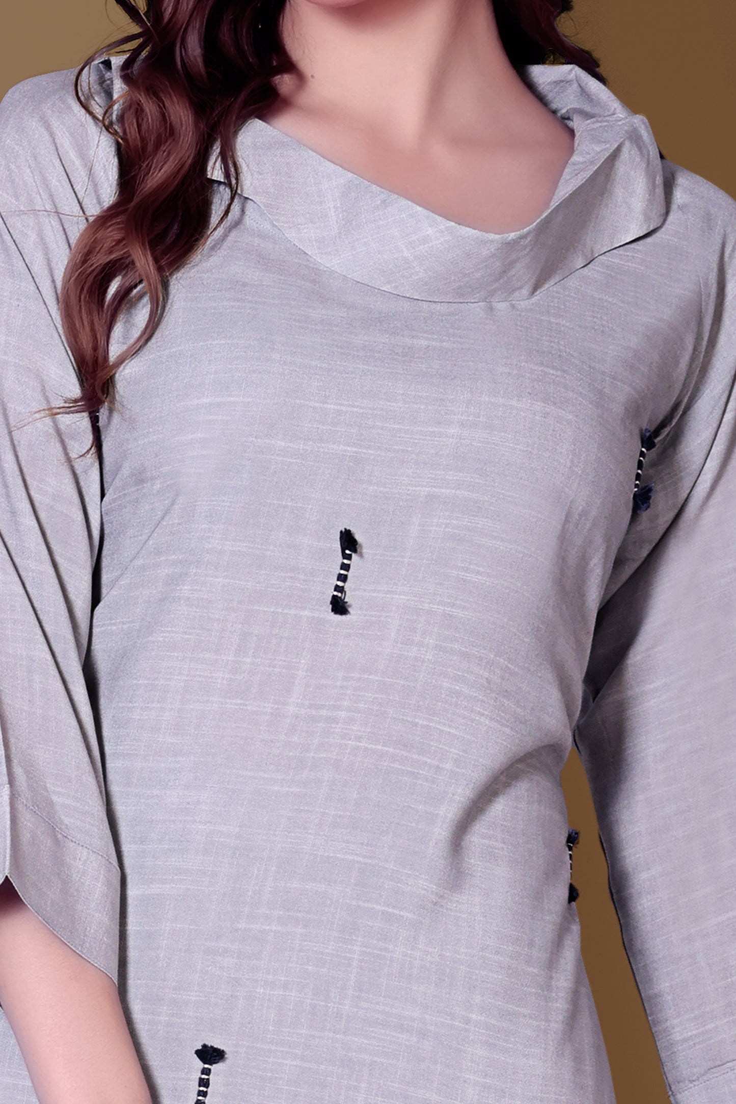 Grey Linen Cord Set with Embroidery & Cowl Neck – Business Women & Airport Wear