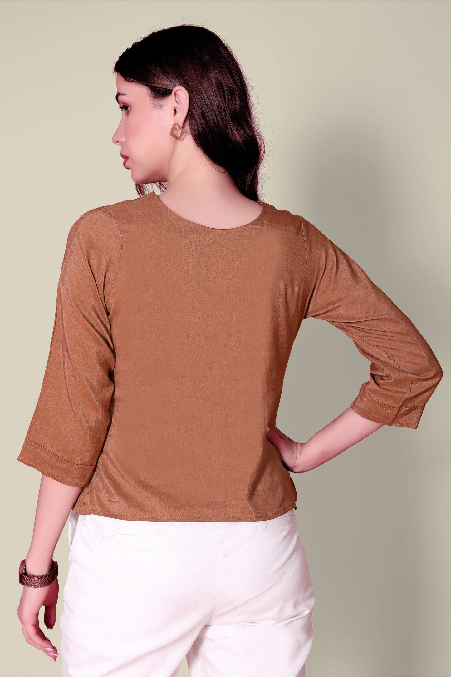 Rust Linen Top with Overlapping Design and Lace Details